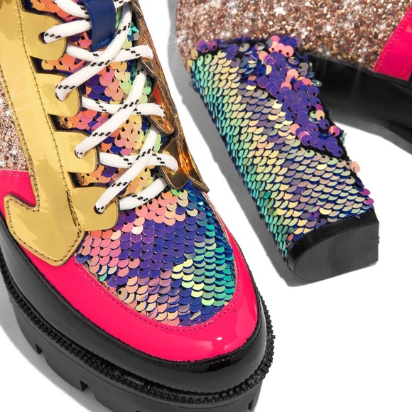 NEW🔥Mermaid Sequin Glitter Lace Up Combat Ankle Booties Boot Platform High Heel - Picture 4 of 4